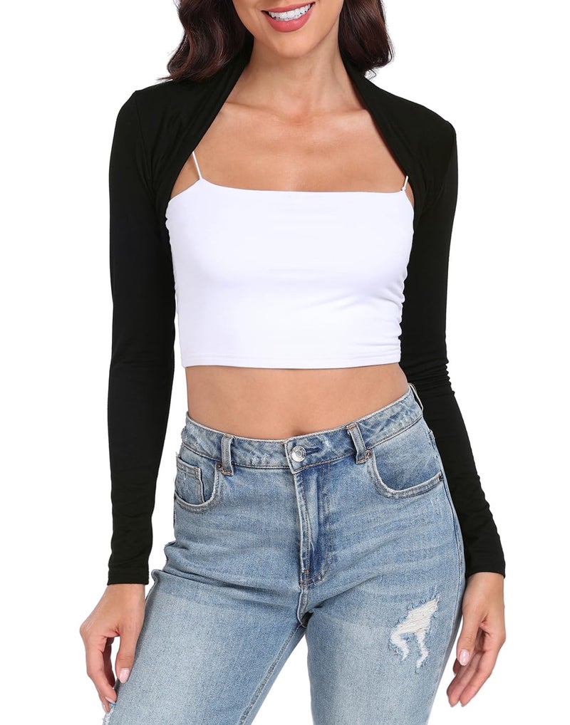 HDE Open Front Shrugs for Women Long Sleeve Bolero Cropped Cardigan Sweater S-4X (Black) - Image 1
